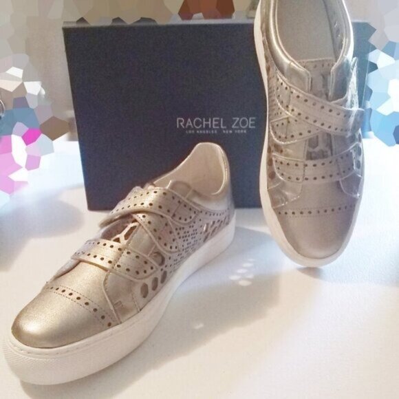 NIB Rachel Zoe "Jaden" Leather Sneakers S8 Sand Metallic Silver Gold MRP $248 - Picture 2 of 12